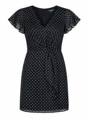 NWT Lauren Ralph Lauren Black Polka Dot Midi Dress with Tie Front